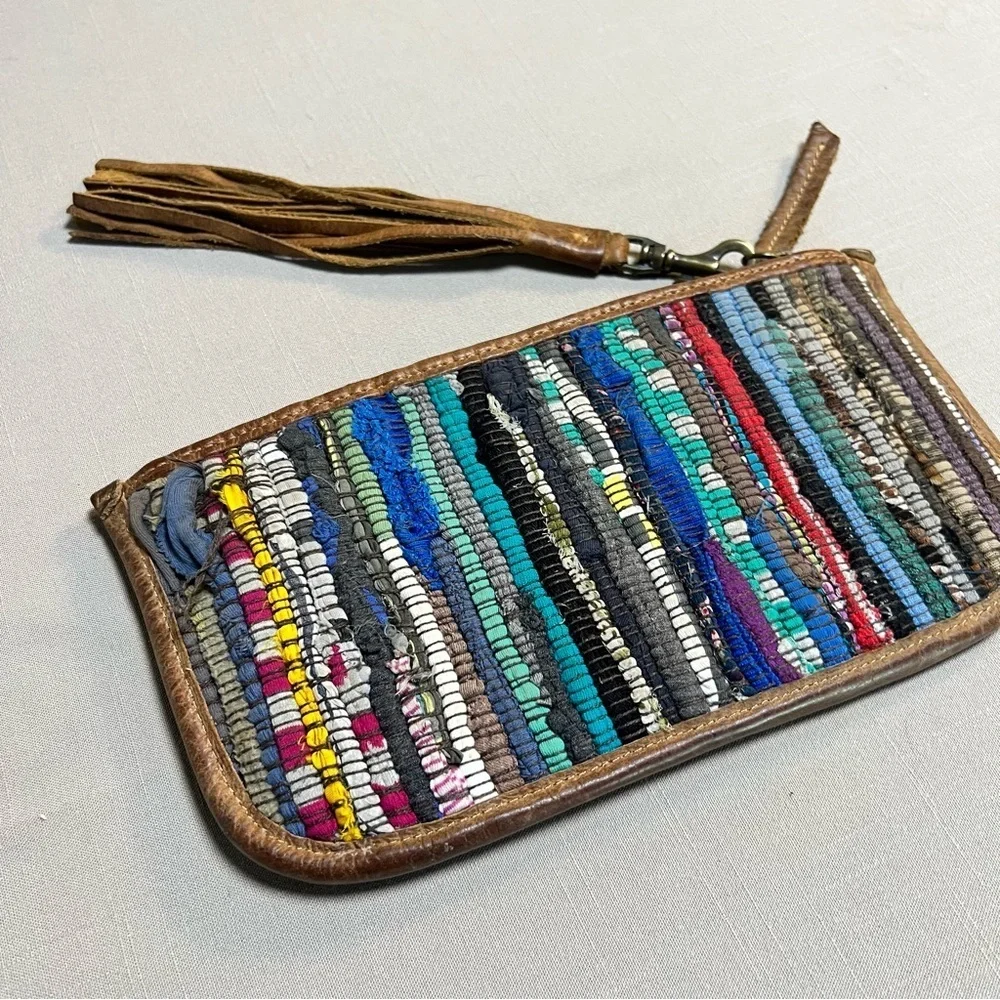 Will Leather Goods Woven Boho Clutch Wristlet • Leather Trim • Multicolor